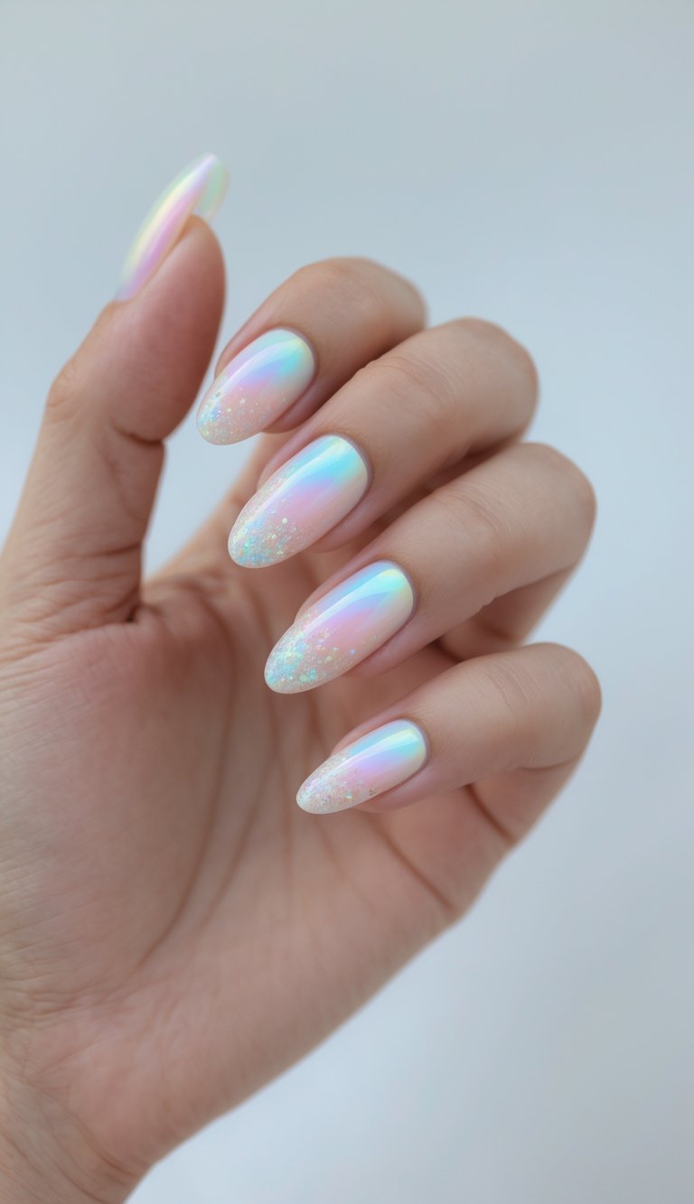Close-up view of fingers showing an iridescent nail art idea with sheer blush almond nails, opalescent chrome reflection, and light glitter accents under soft lighting.