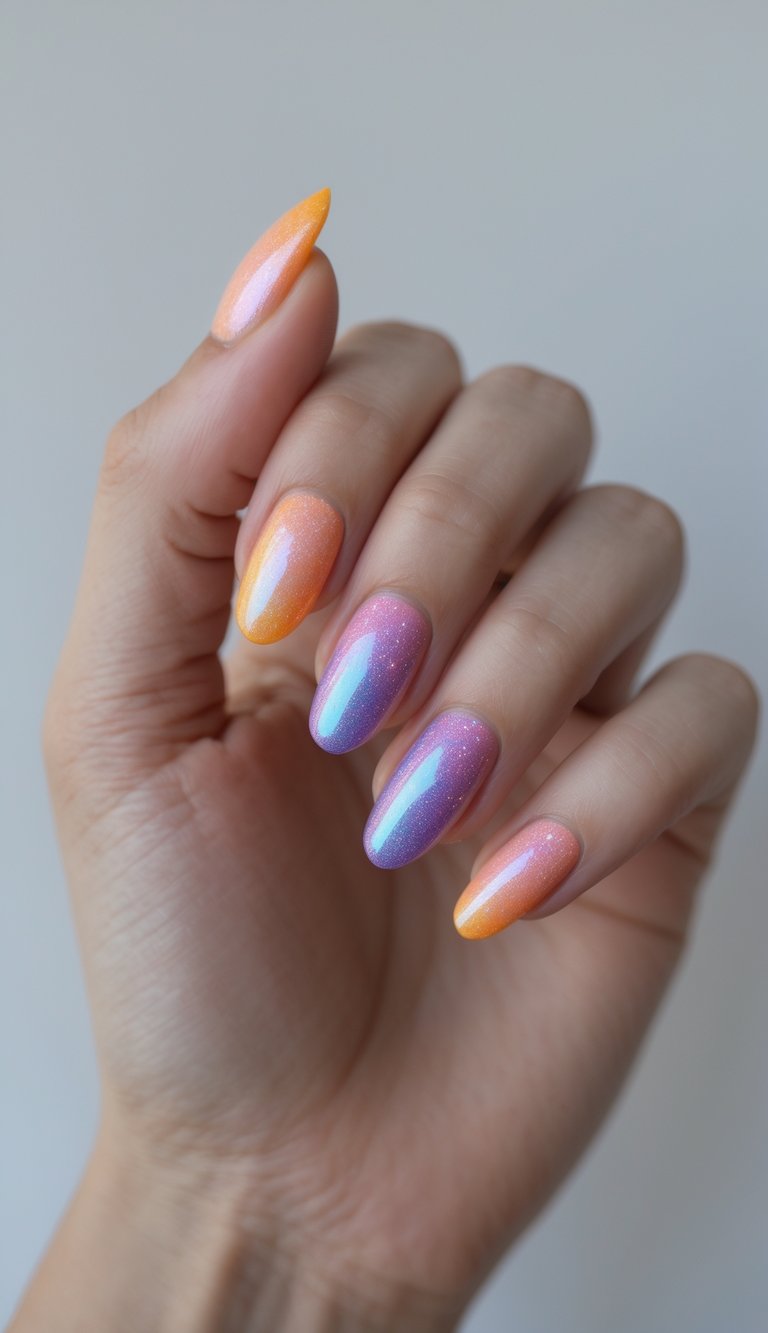 Hand posed naturally, showing an iridescent nail art idea with almond-shaped nails in peach and violet tones, finished with glossy chrome shine and delicate shimmer.