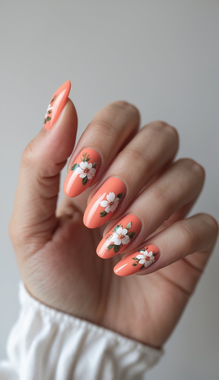 Hand holding nails painted in glossy peach-orange, each adorned with delicate white flowers and green accents—a romantic glossy nail art idea with vintage flair.