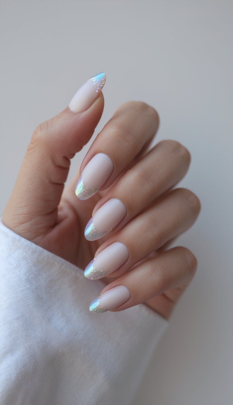 Close-up of fingertips displaying an iridescent nail art idea with creamy nude almond nails and fine rainbow shimmer softly dusted along the nail tips.