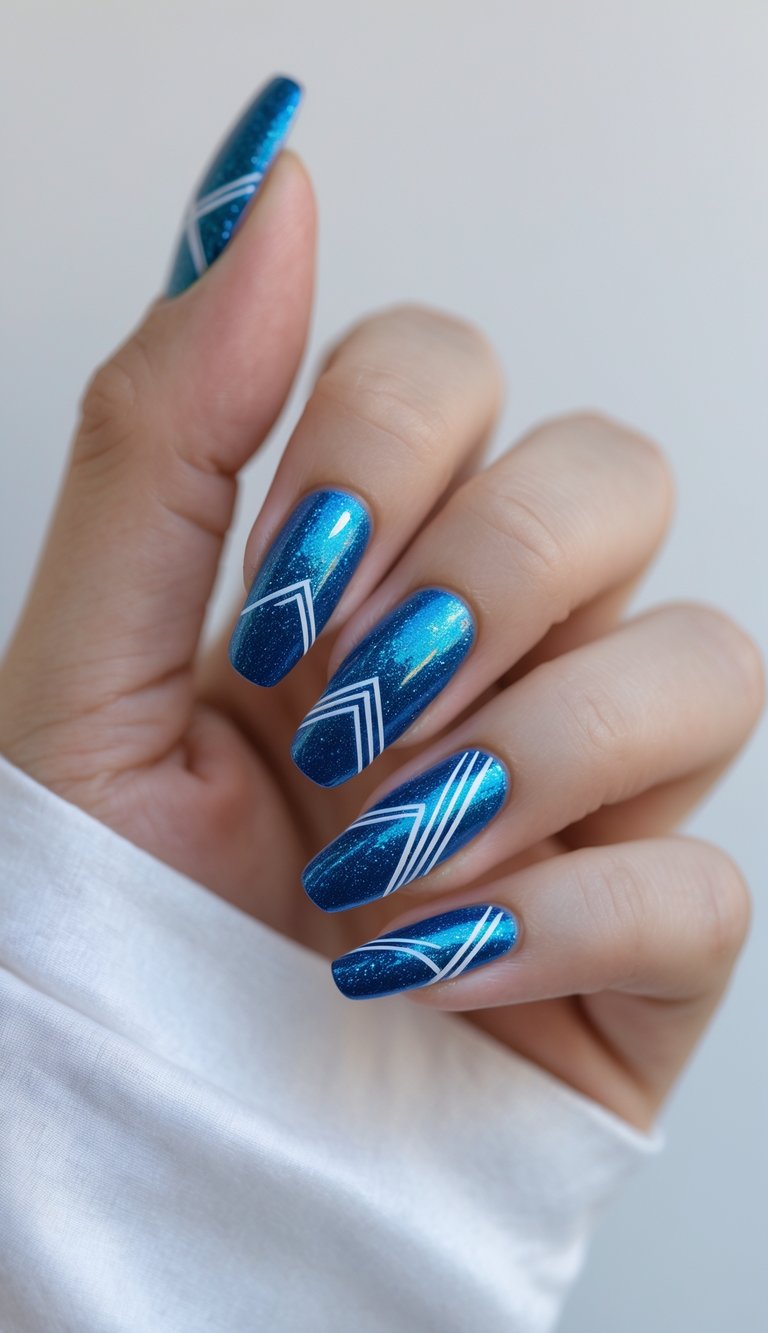 close-up of a hand with vivid blue sparkly nails featuring clean white diagonal and V-line designs, perfect for a bold shimmer nail art idea