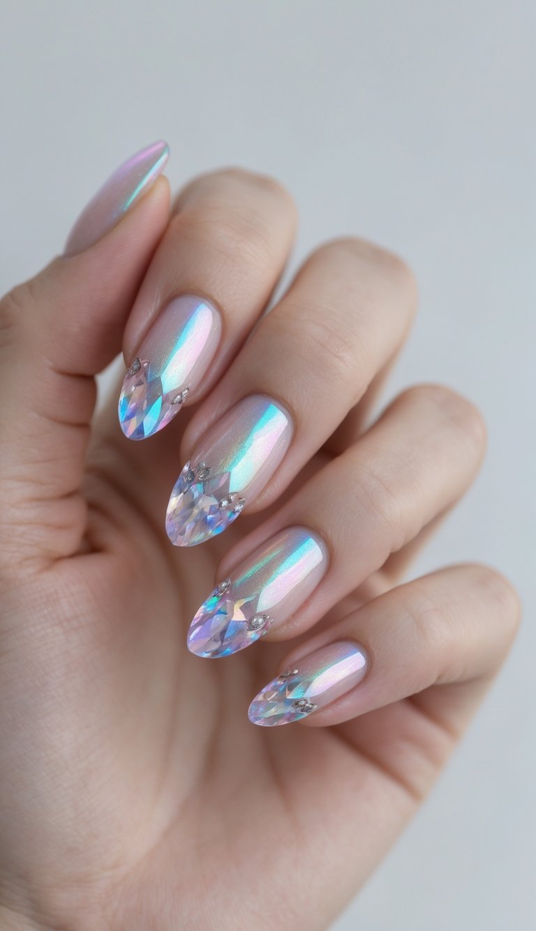 Close-up of fingers wearing an iridescent nail art idea with nude chrome almond nails and iridescent crystal decorations placed near the tips.