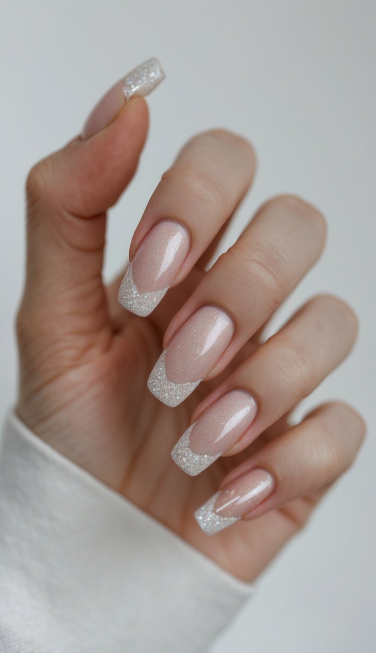 close-up of a hand with squared nude nails topped with clean silver-white glitter French tips, creating a refined shimmer nail art idea