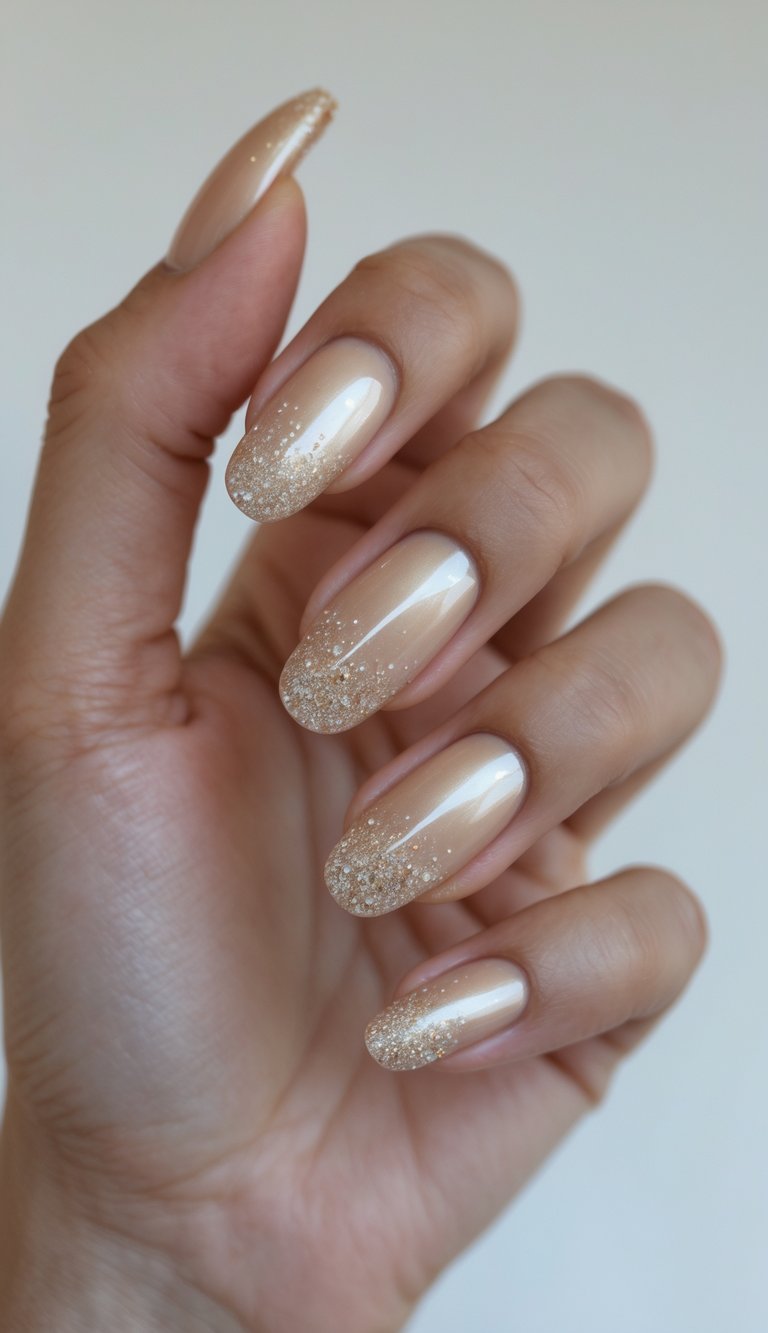 Fingers elegantly curled, nails in glossy nude polish topped with delicate gold glitter at the tips—this glossy nail art idea is perfect for minimalist glam lovers.