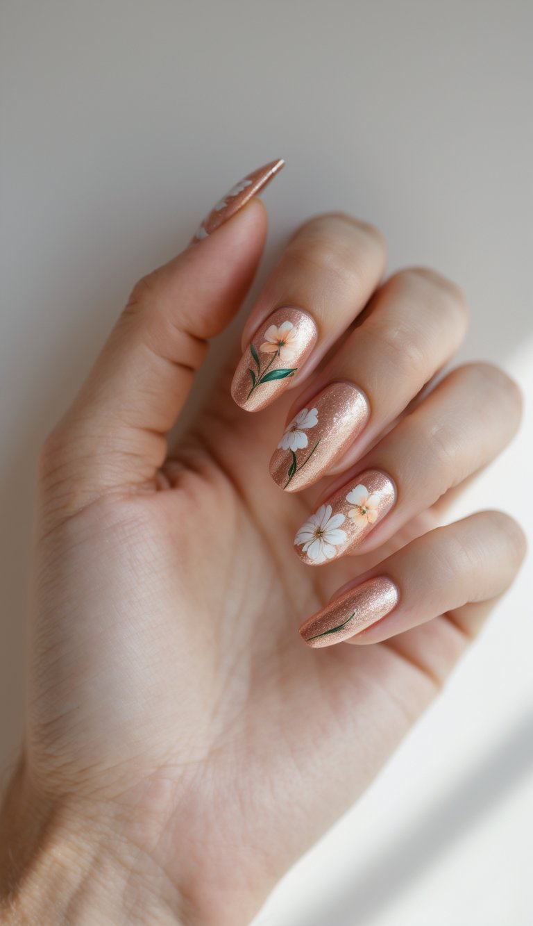 copper-toned nails on a hand, decorated with painted floral designs in white and peach tones, highlighting a dreamy shimmer nail art idea