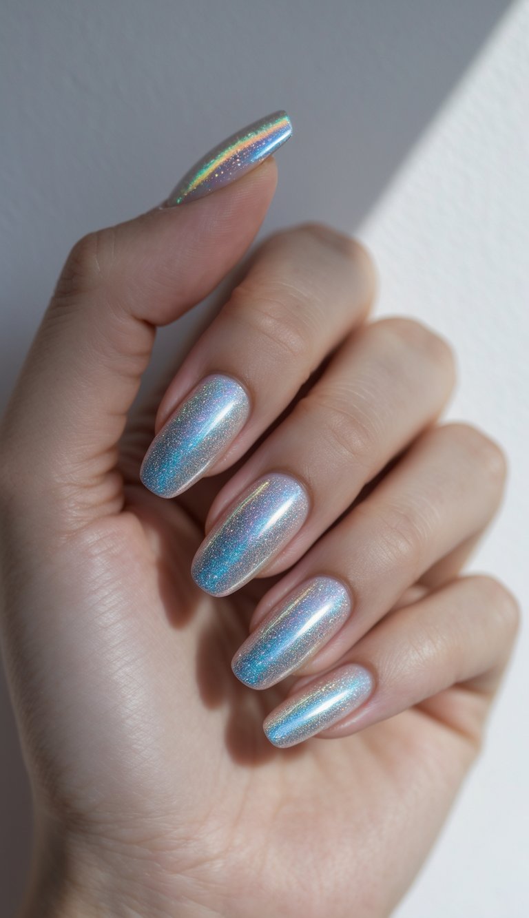 a hand with long oval-shaped nails coated in shimmering silver-blue holographic polish, reflecting light in a futuristic shimmer nail art idea
