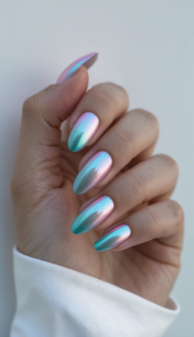 Editorial-style hand pose featuring an iridescent nail art idea with almond nails, cool teal chrome tones, and soft pink reflective overlays.