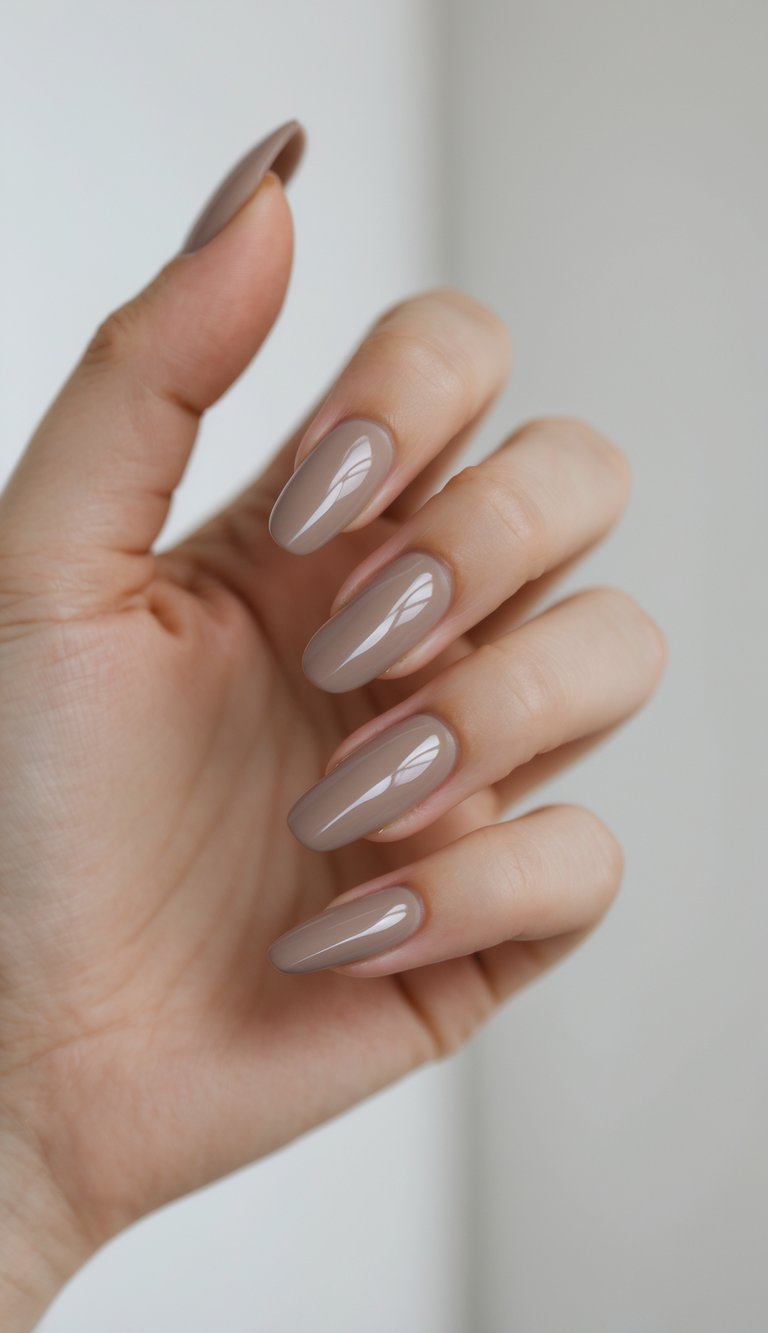 Fingers slightly curled to display long nails in a taupe-nude polish with a glossy finish—this glossy nail art idea is clean, classy, and quietly bold.