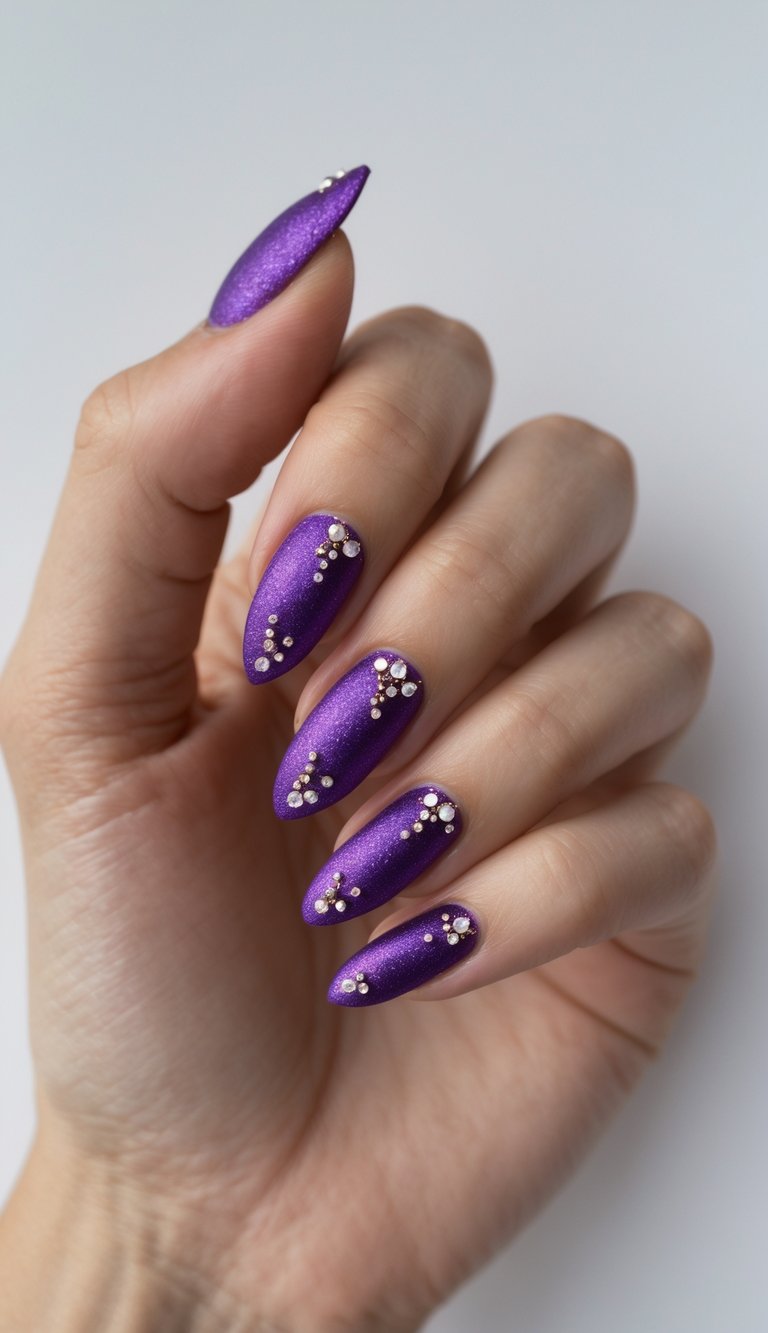 close-up of a hand with rich purple sparkly nails, decorated with tiny crystals arranged like constellations for a mystical shimmer nail art idea