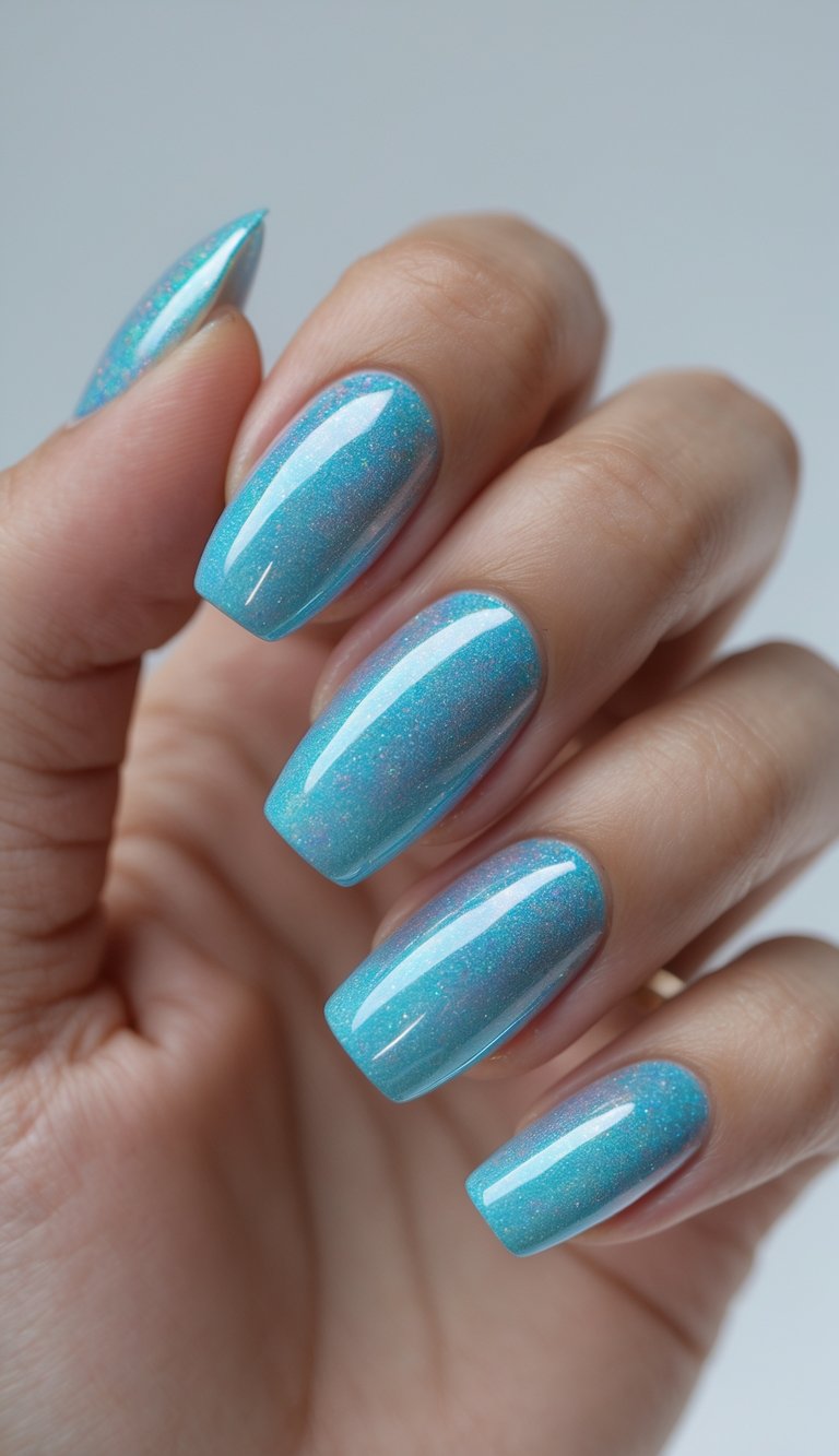 Hand with shiny teal nails in a square shape, finished with delicate micro-glitter—this glossy nail art idea is sleek with a splash of sparkle.