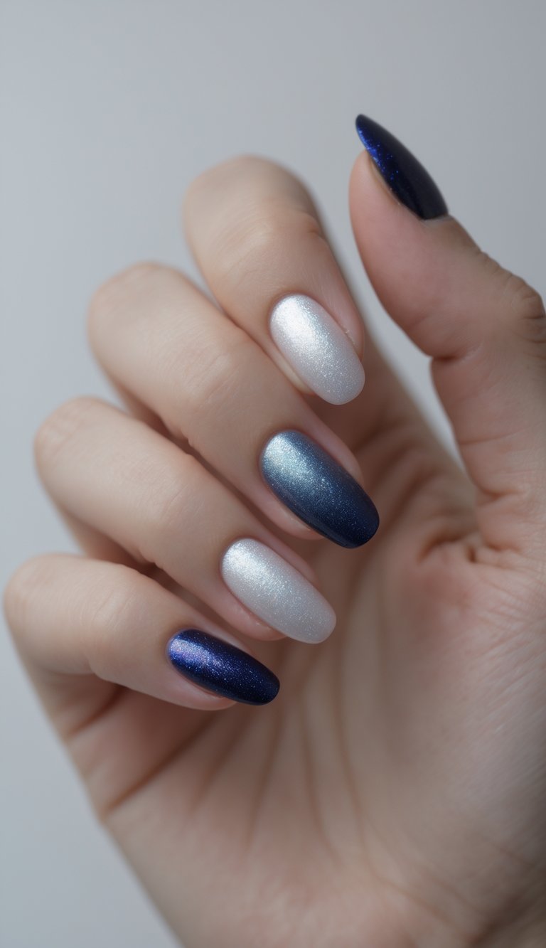 a hand with almond-shaped nails in a mix of pearl white and deep navy blue, some with smooth ombré transitions, perfect for a minimalist shimmer nail art idea