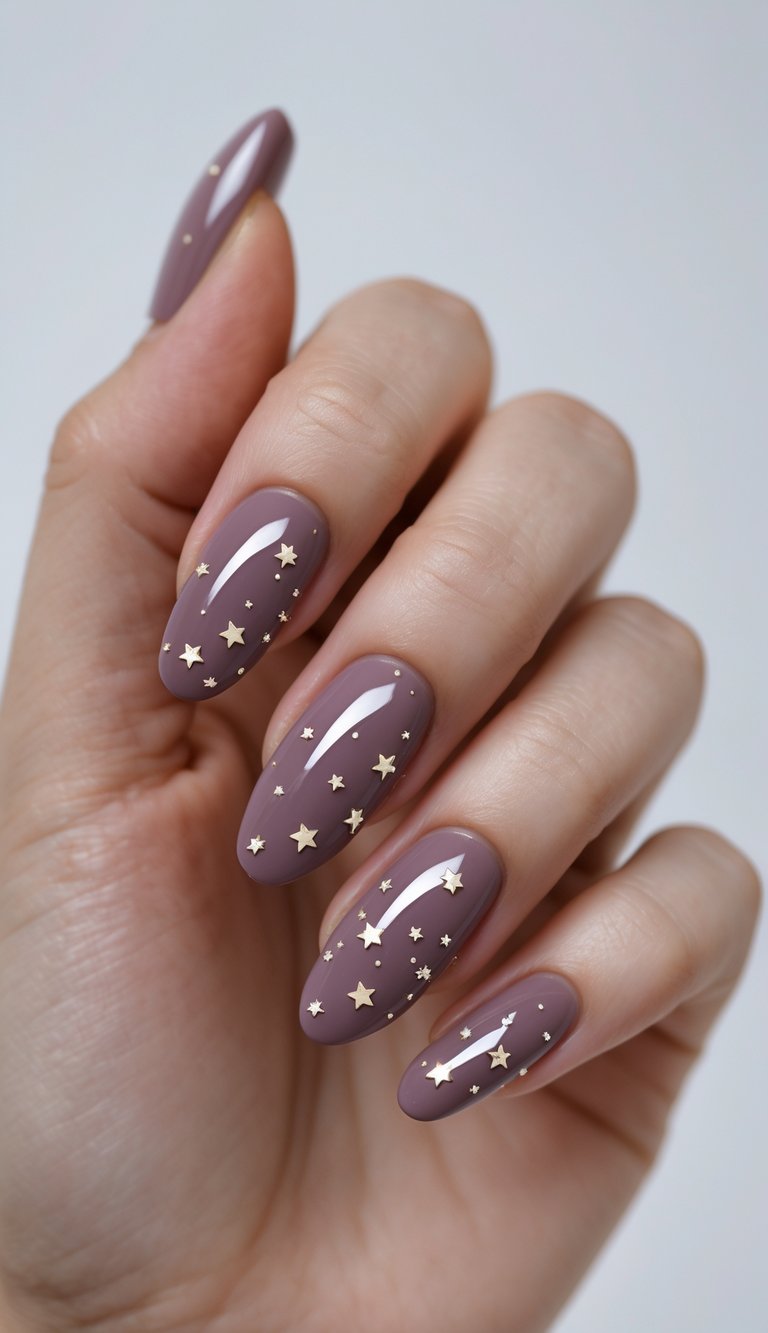 Glossy plum-colored nails with scattered golden stars on a woman's hand—soft lighting highlights this celestial glossy nail art idea.