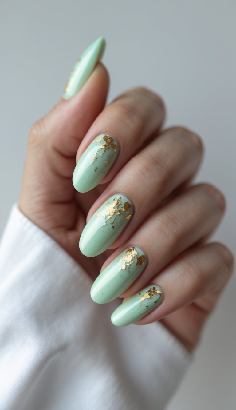 hand with smooth mint-colored nails, each adorned with touches of scattered gold foil at the base, giving a minimalist yet luxe shimmer nail art idea