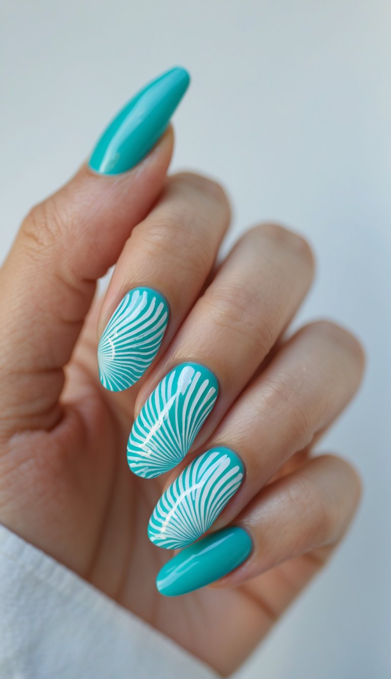 Hand with glossy teal nails featuring detailed white swirl designs—an energetic and playful glossy nail art idea that feels perfect for summer.