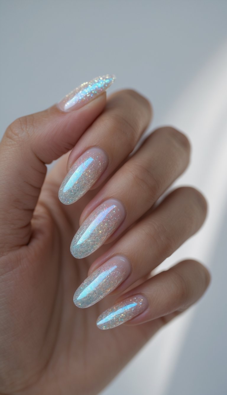 Hand gently curved in natural light, showing an iridescent nail art idea with almond nails, sheer nude bases, and fine holographic sparkle reflecting aqua and pearl tones.