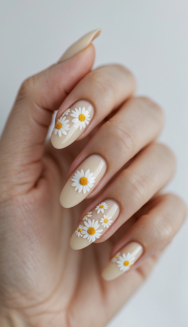 A hand displays glossy beige nails adorned with detailed white and yellow daisies, creating a cheerful and soft glossy nail art idea.