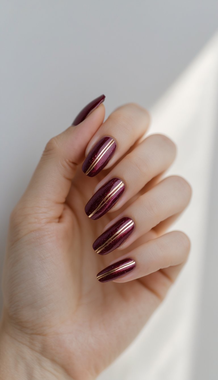 a hand showing deep plum-red nails with subtle shimmer and delicate gold linework down the center, perfect for a refined shimmer nail art idea