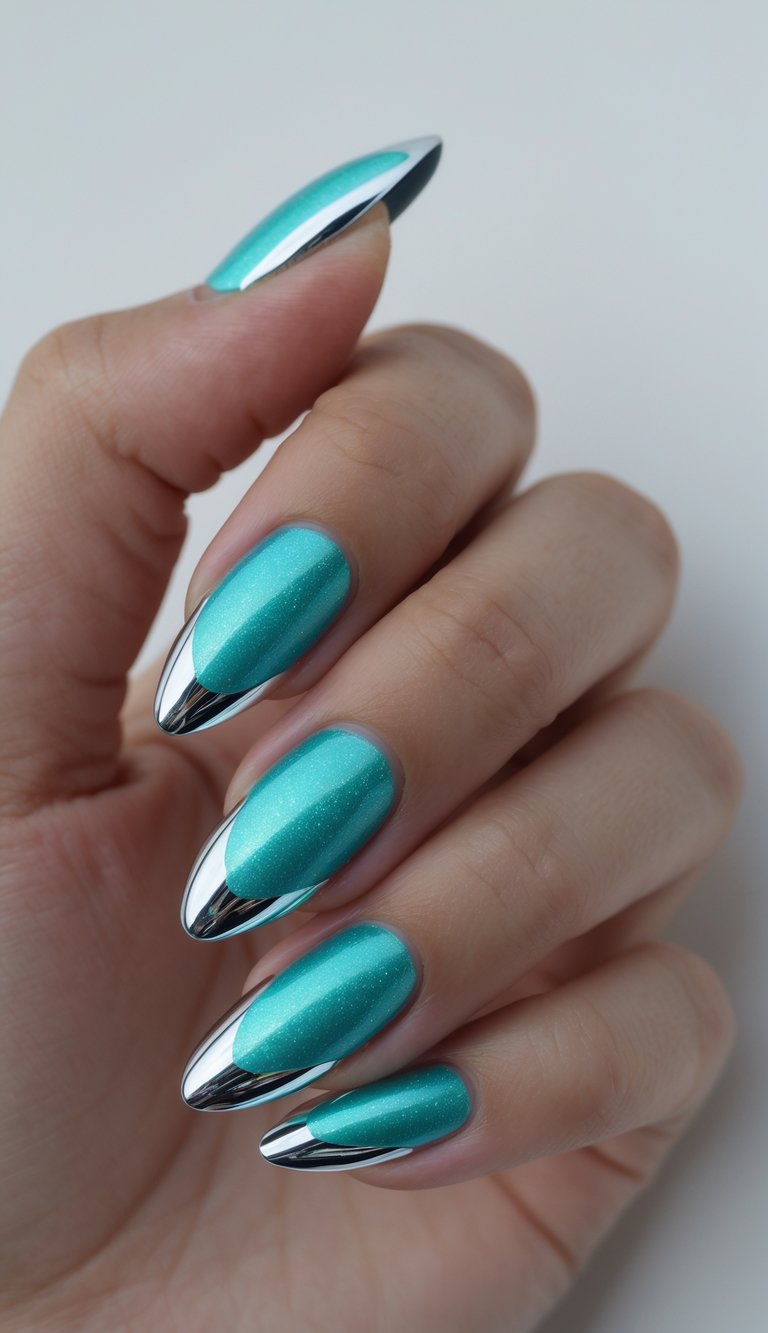 a hand with almond-shaped nails in glowing aqua, each tip finished with a mirror-like silver chrome accent for a futuristic shimmer nail art idea