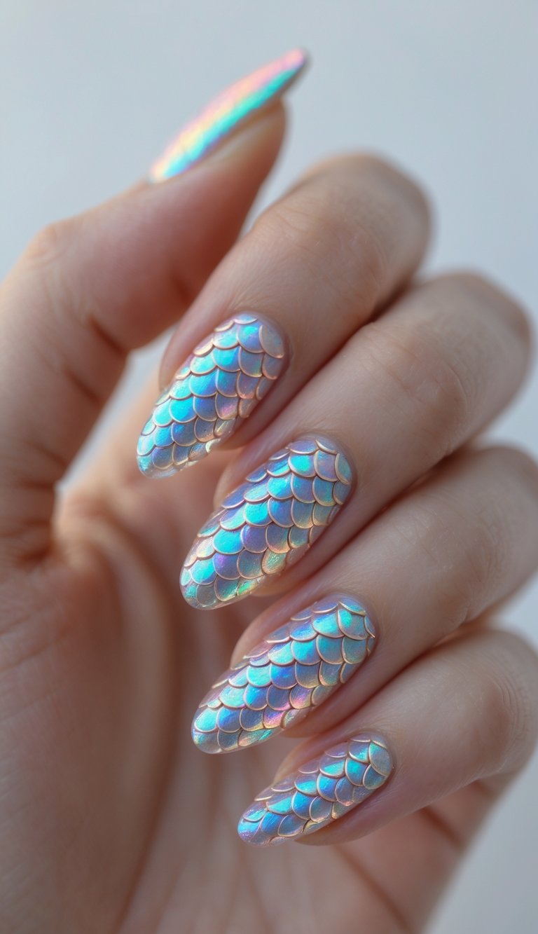 Hand shown close up featuring an iridescent nail art idea with almond nails, raised mermaid-scale texture, and pastel aqua-lilac shimmer across the surface.