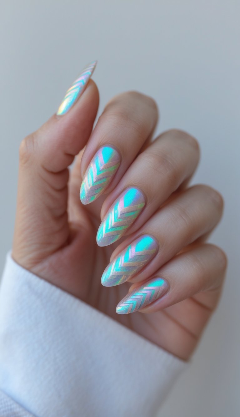 Relaxed hand position revealing an iridescent nail art idea with almond-shaped nails, pastel aqua chrome sheen, and layered chevron-style line designs.