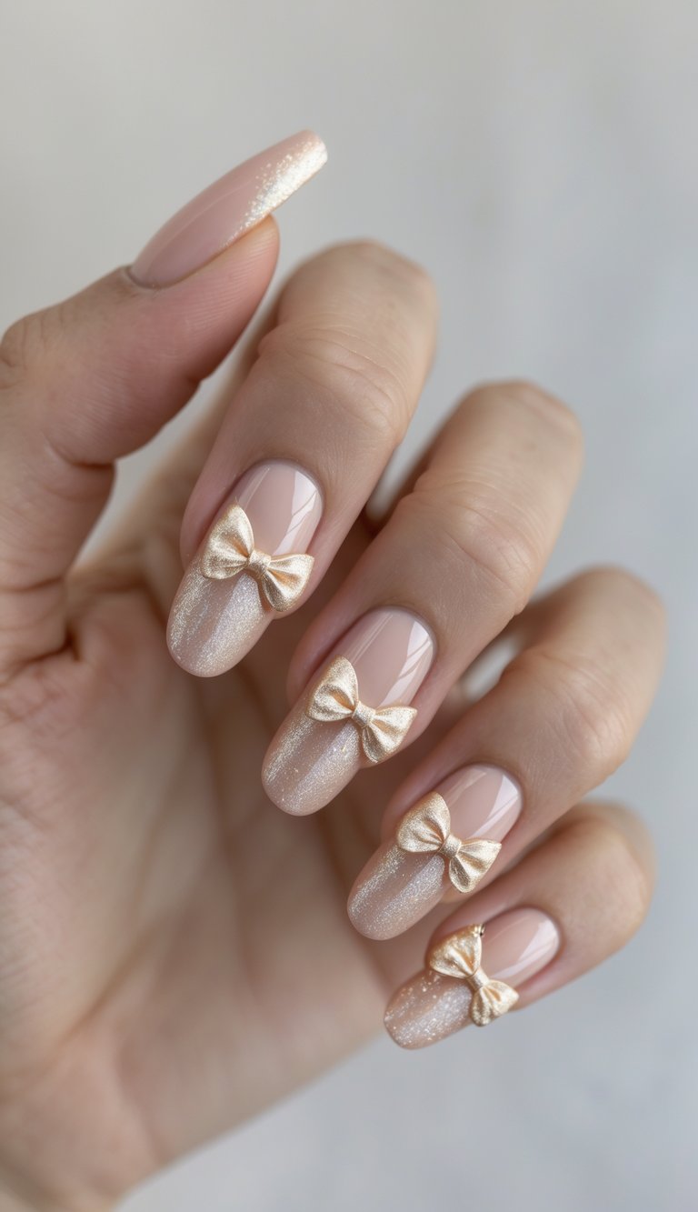 a hand with medium-length almond nails painted in blush pink and glittery nude, each accented with a raised golden bow, creating a cute shimmer nail art idea