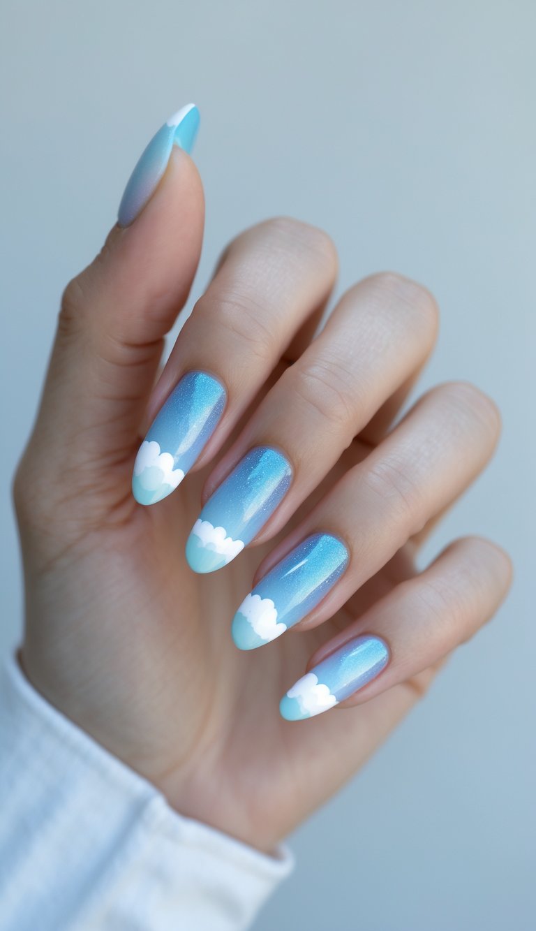a hand showcasing long almond nails in glowy blue ombré, each topped with playful white cloud shapes, creating a youthful shimmer nail art idea