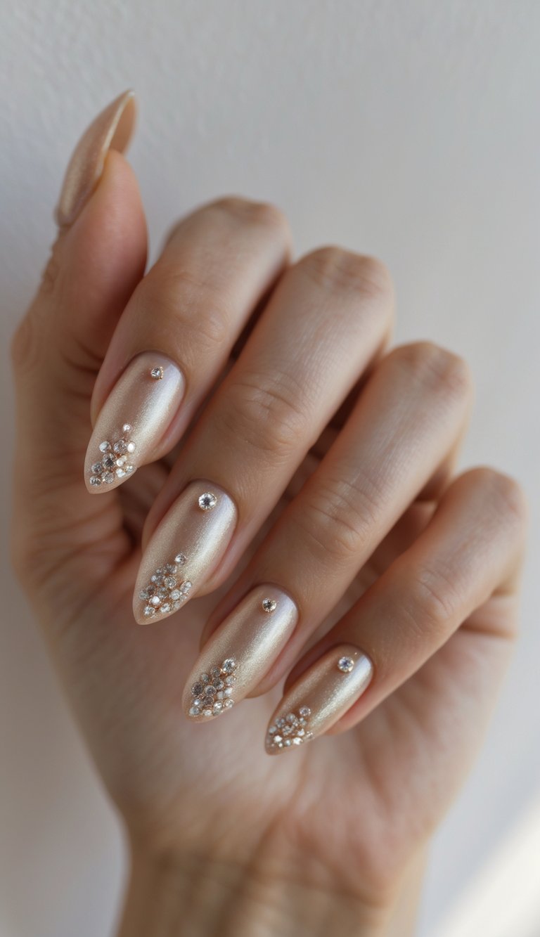 close-up of nails painted in light champagne shimmer, featuring clusters and solo gems for a minimalist yet luxe shimmer nail art idea