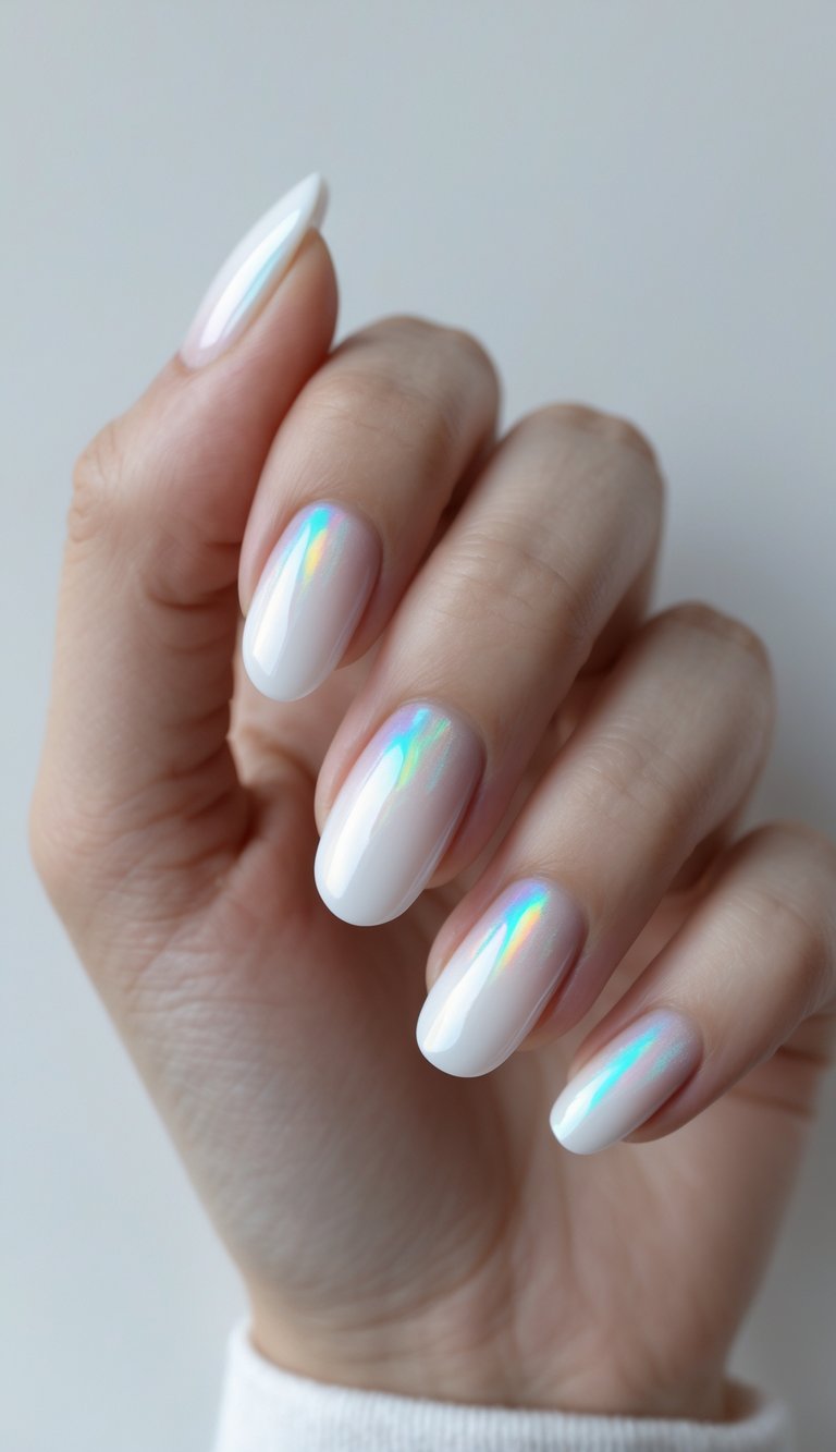 Close-up of fingers displaying an iridescent nail art idea with creamy white almond nails and subtle pastel holographic sheen under soft lighting.