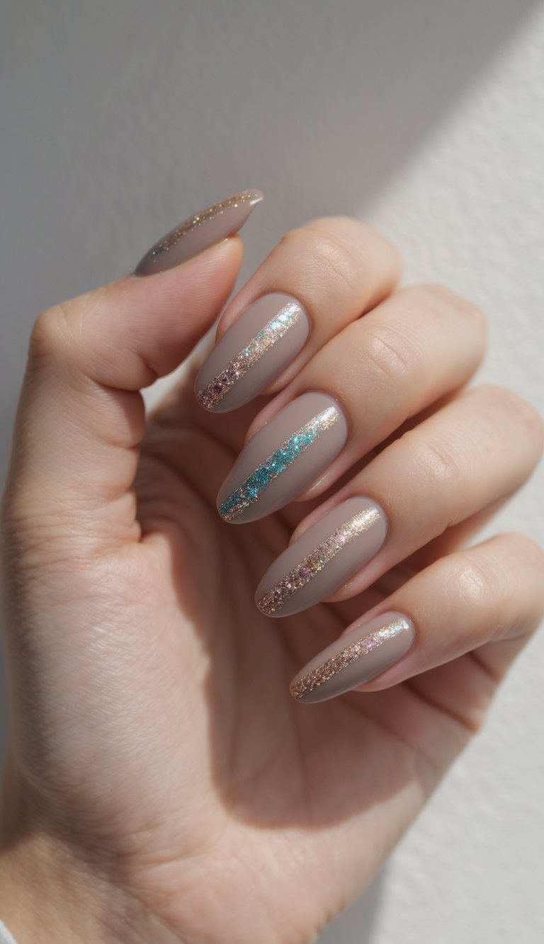 a hand with long almond-shaped nails painted in matte taupe, each accented with a central vertical line of multicolored glitter for a chic shimmer nail art idea