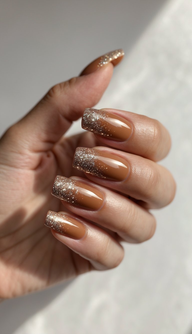Glossy nail art idea with a warm mocha brown base and silver glitter ombré tips on square-shaped nails.