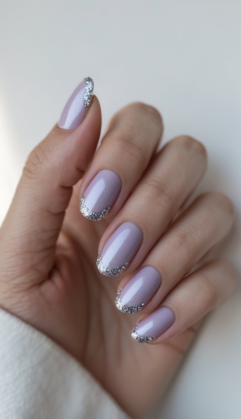 close-up of a hand showing light purple nails with curved glittery silver tips, offering a romantic and refined shimmer nail art idea