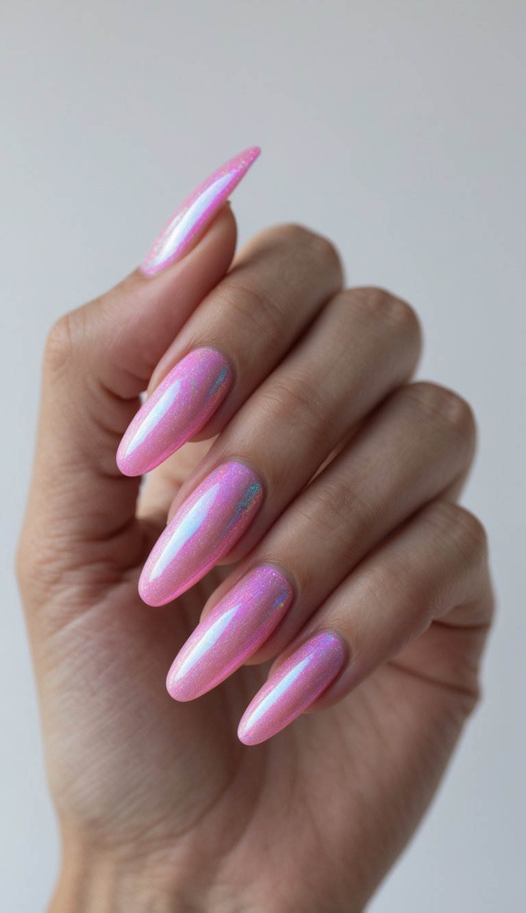 Close-up of fingers displaying an iridescent nail art idea with almond-shaped pink nails and faint blue-violet shimmer under glossy chrome.