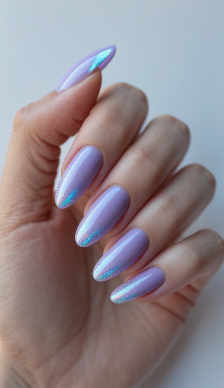 Glossy nail art idea with long lavender nails accented by subtle aqua shimmer, capturing a modern and elegant manicure in soft natural lighting.