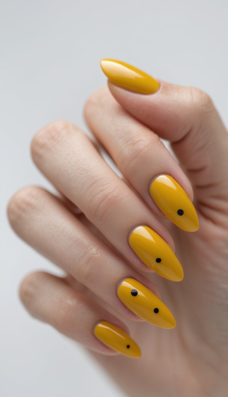 Glossy nail art idea on a hand with oval nails painted in a bright yellow shade, each featuring a playful black dot near the nail center.