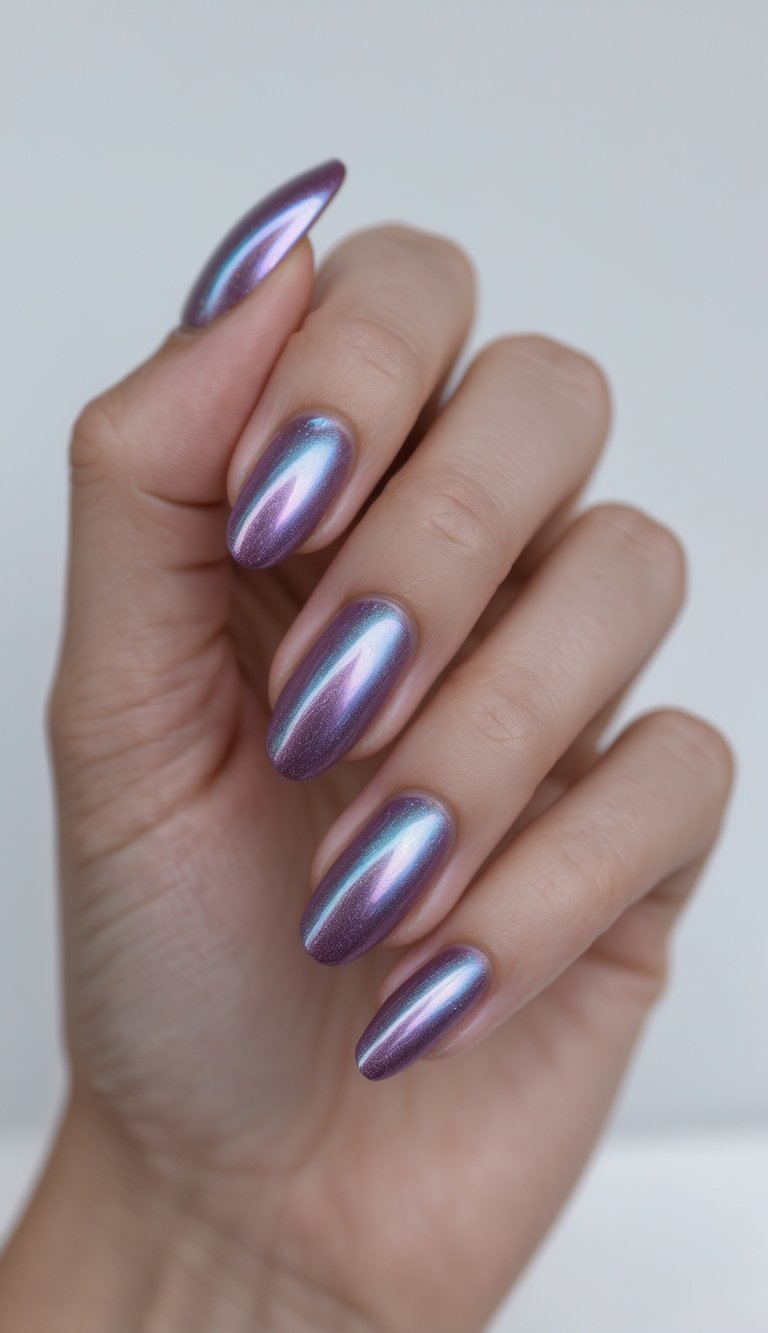 Close-up of a hand wearing an iridescent nail art idea, featuring almond nails coated in metallic purple chrome with blue-toned reflections along the curved surface.