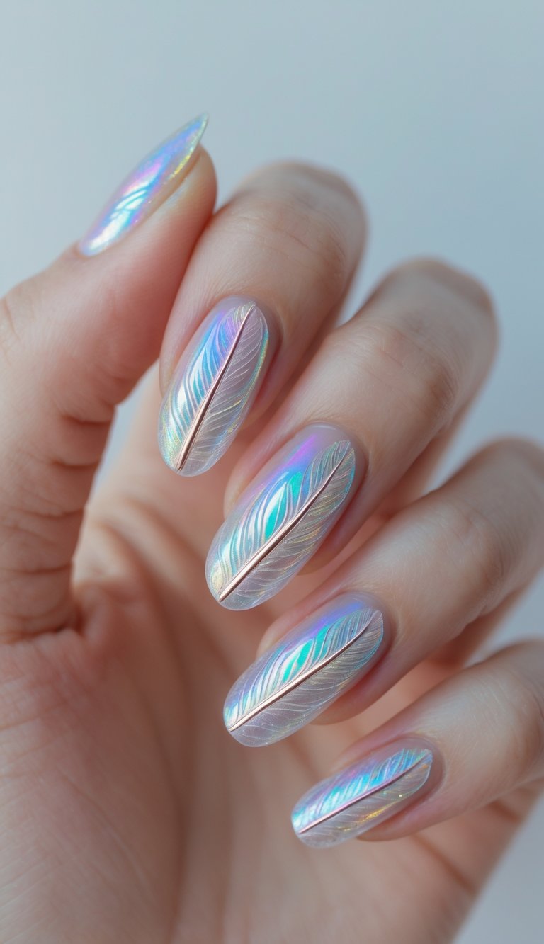 Fingers gently curved, displaying an iridescent nail art idea with almond nails, translucent pearl polish, engraved feather textures, and soft iridescent highlights.