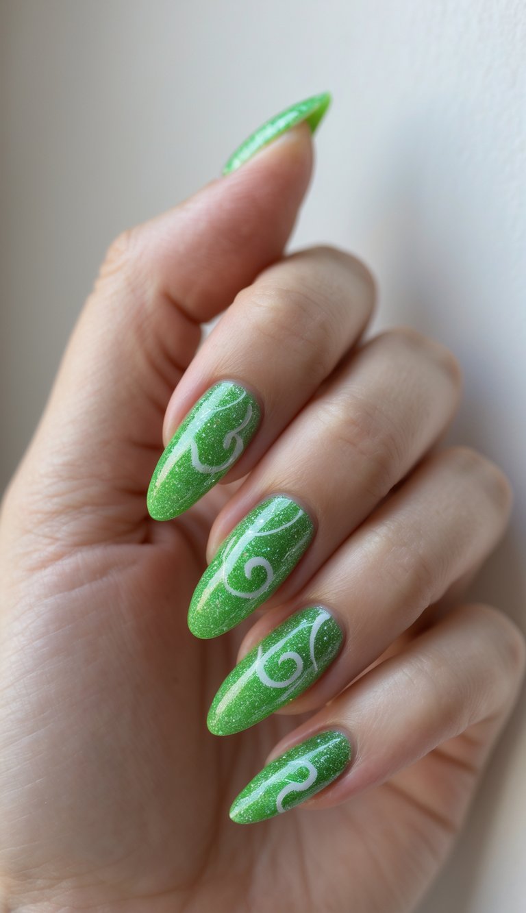 a hand posed against a wall, featuring bold green shimmer nails with modern white swirl accents, expressing a standout shimmer nail art idea