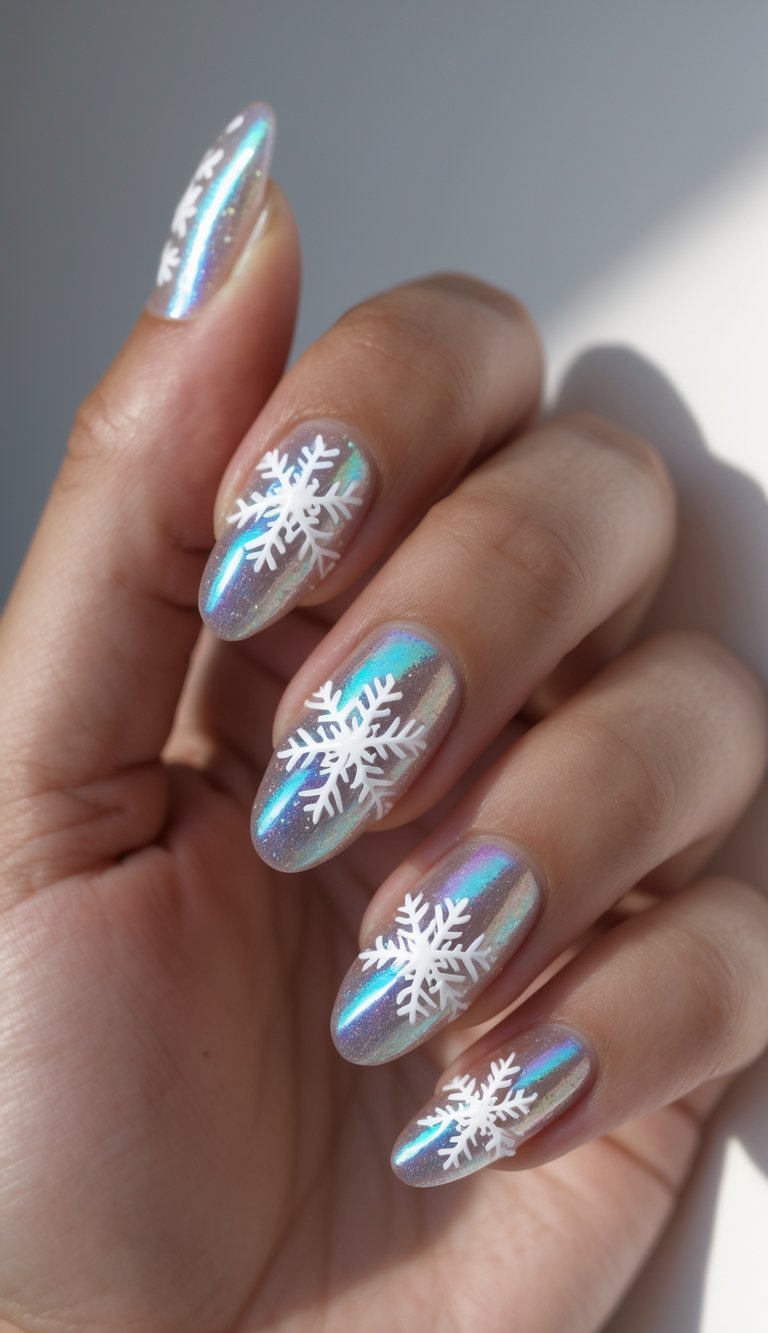 Close-up of a hand featuring an iridescent nail art idea with almond-shaped nails, chrome shimmer bases, and white snowflake nail art under natural light.