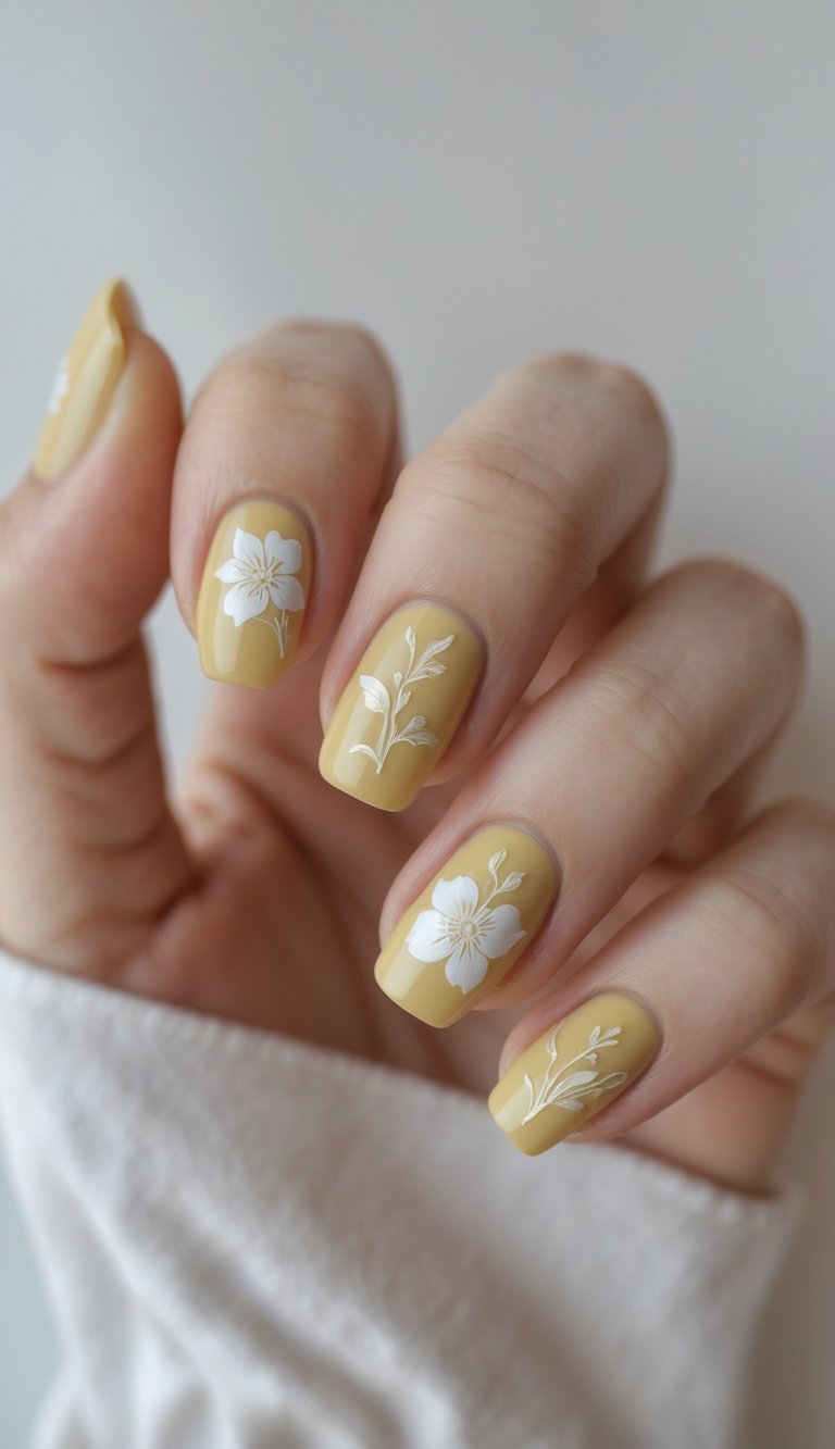 a hand with glossy yellow nails, lightly shimmering and adorned with soft white botanical floral prints, expressing a poetic shimmer nail art idea
