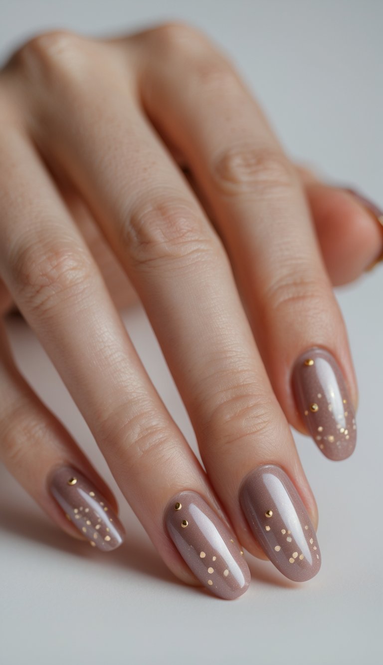 hand resting on a surface with glossy mauve shimmer nails dotted with tiny gold accents, showcasing a polished shimmer nail art idea