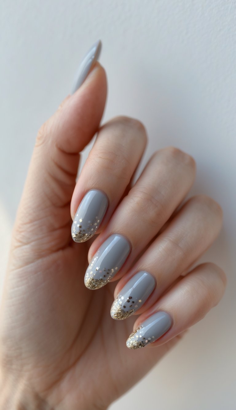 angled view of nails painted grey, with soft gold glitter concentrated at the tips, perfect for a dreamy shimmer nail art idea