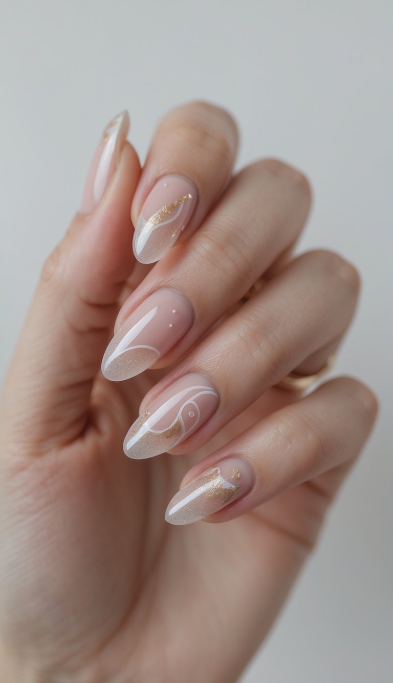 Close-up of one hand with glossy, detailed glazed nail art against a plain white background.