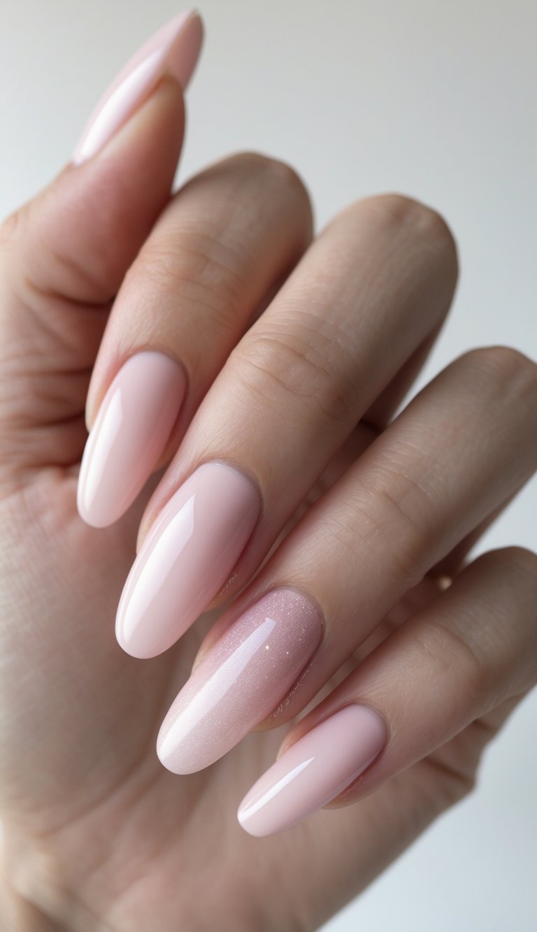 Hand with long, almond nails featuring a glazed nail art idea in baby pink, highlighted by one nail with a delicate shimmer effect.