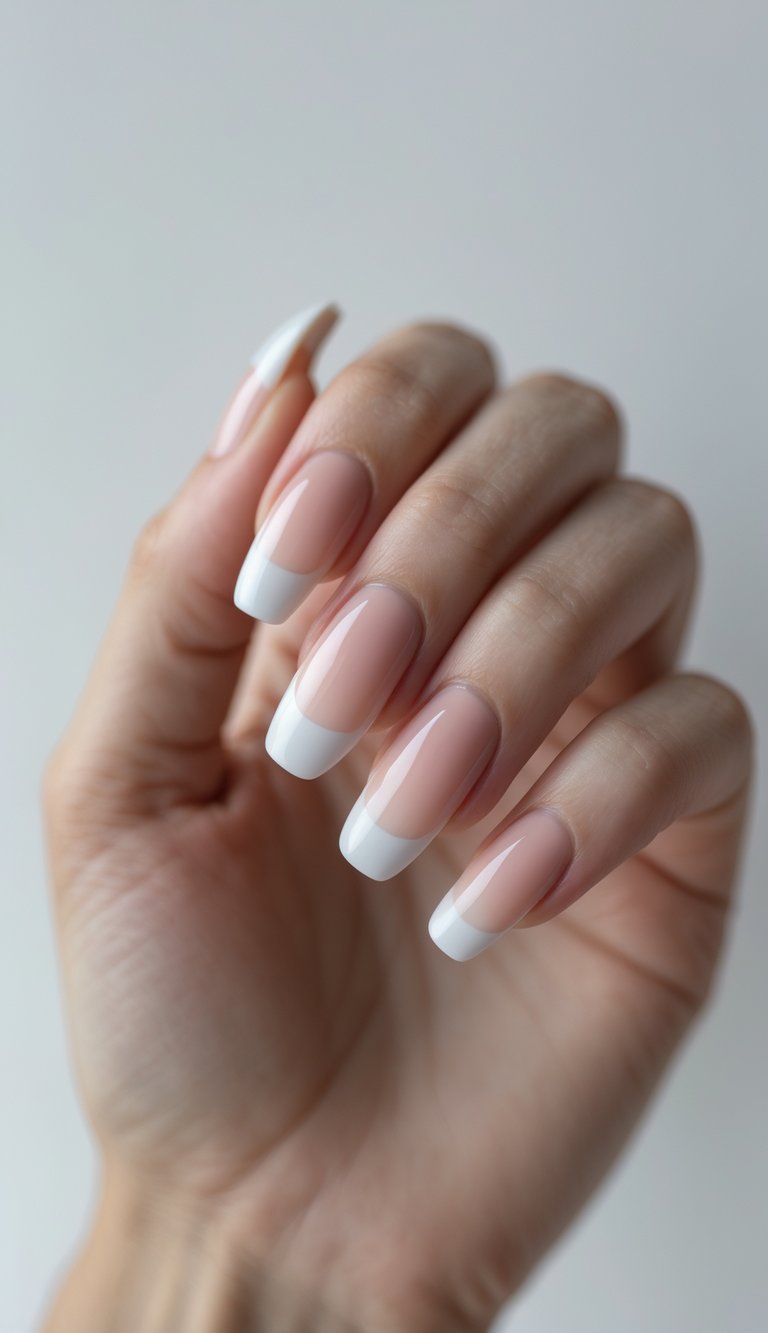 Close-up of one hand with glossy French tip nails against a white background.