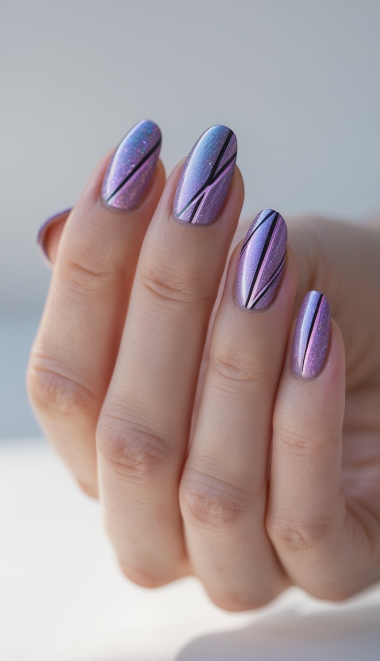 Close-up of a hand showing softly blended lavender and sky blue holographic nails, with precise black striping as part of a holo nail art idea.
