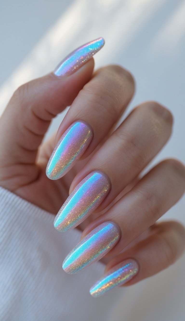 Close-up of a hand showing elongated nails with a trendy holo nail art idea in pastel gradients and metallic reflective shimmer.
