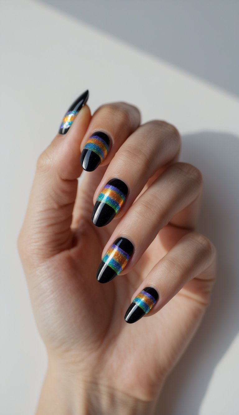 Close-up of fingers with black almond nails featuring glittery rainbow stripes across the center in a playful holo nail art idea.