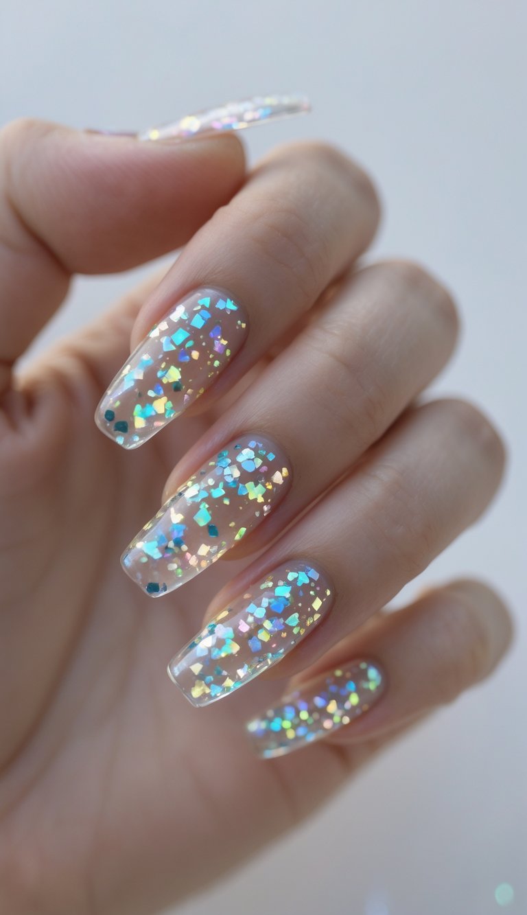 Long nails painted with a jelly-clear polish and layered with chunky holographic glitter pieces in rainbow hues — playful holo nail art idea.