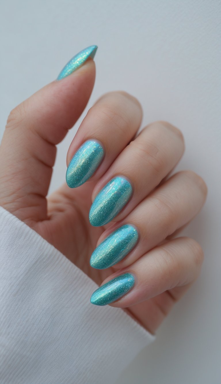 Aesthetic shot of a hand with teal holographic nails that reflect light with soft glittery dimension—fresh and vibrant holo nail art idea.
