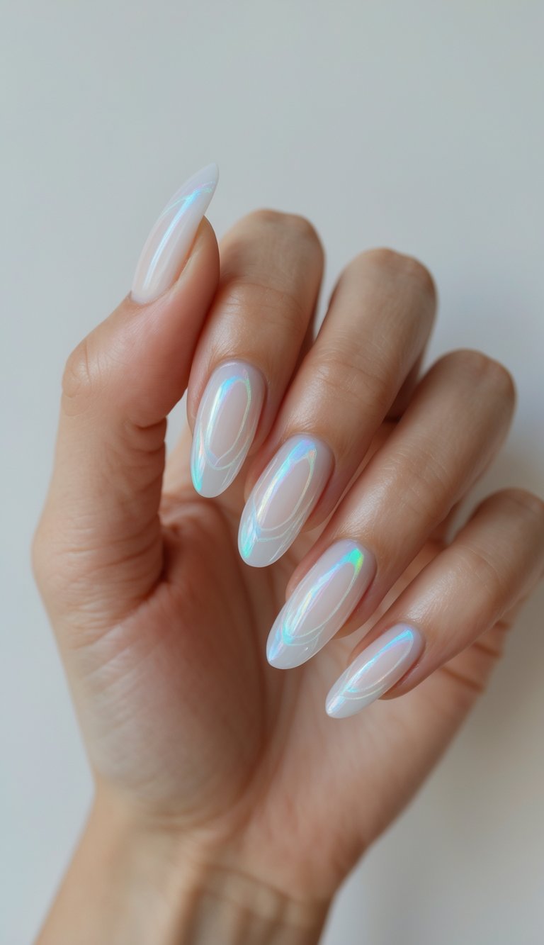 Glossy white almond nails styled in a glazed nail art idea with luminous, shifting reflections that add a fresh edge to a neutral base.